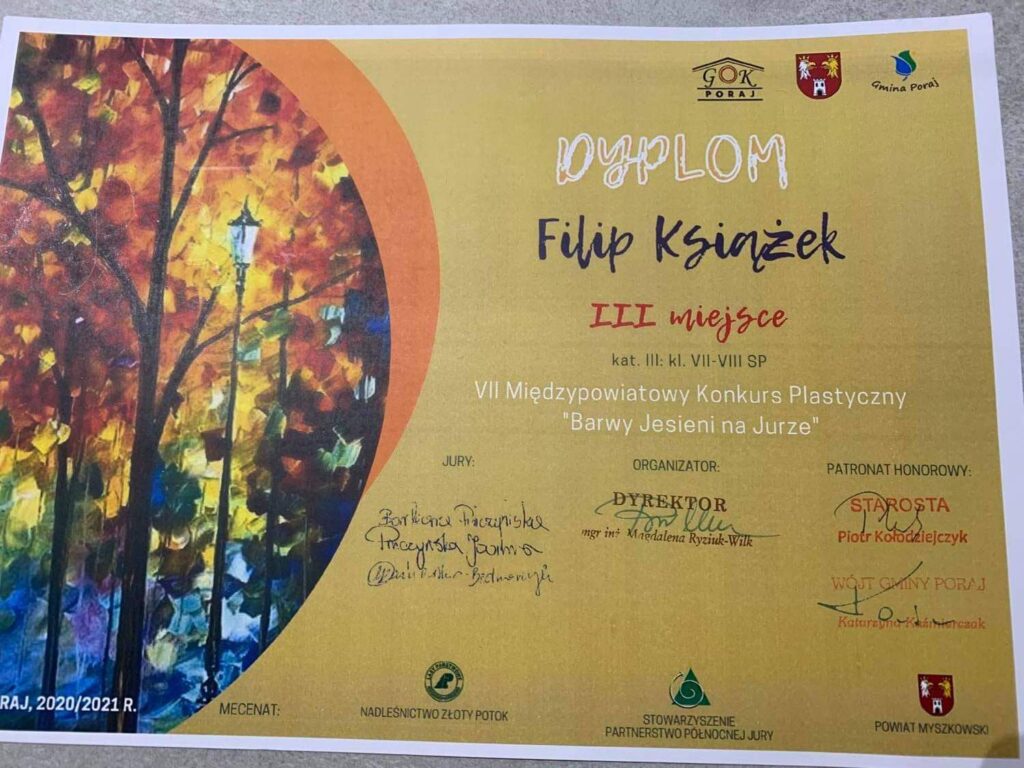 Filip Książek z nagrodą – VII Międzypowiatowy Konkurs Plastyczny „Barwy Jesieni Na Jurze”